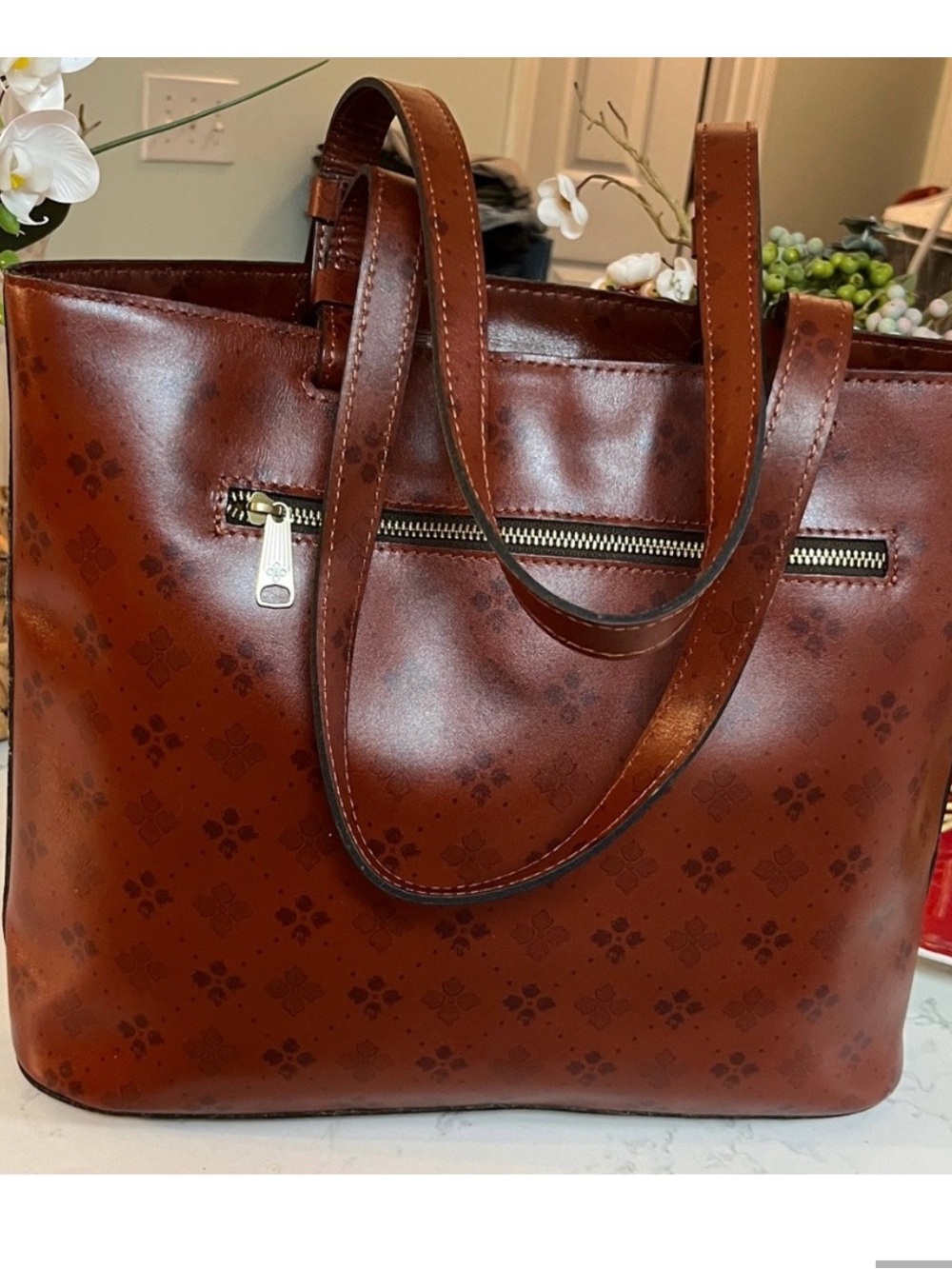Patricia Nash Danville Tote Bag in Chestnut Brown with Logo Pattern